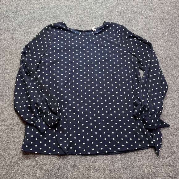 Pink Blush Polka Dot Blouse Womens L Navy Blue White Long Sleeve Tie Cuff Top - Picture 1 of 8
